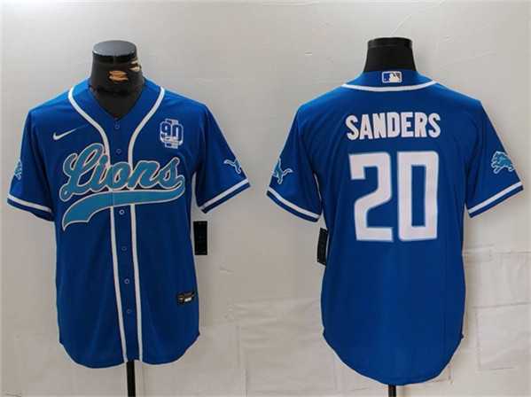 Men%27s Detroit Lions #20 Barry Sanders Blue With 90th Anniversary Patch Cool Base Stitched Baseball Jersey->detroit lions->NFL Jersey